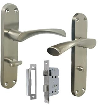 Satin Nickel Twist Door Handle Set – Interior Latch Lever on Long Backplate – in 1 or 2 Pairs, Optional Sash Lock (1 Pair of Bathroom Handles + Bathroom SASH Lock)