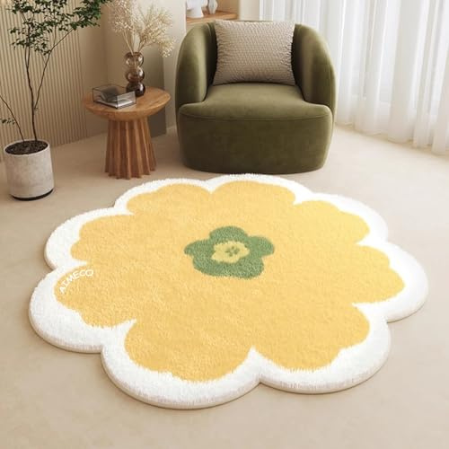 AIMECO Kleiner Kinderteppich Rund 80CM Gelb Blumen - Weicher Kuscheliger Teppich für Kinderzimmer Mädchen Schlafzimmer, Dünn & Pflegeleicht