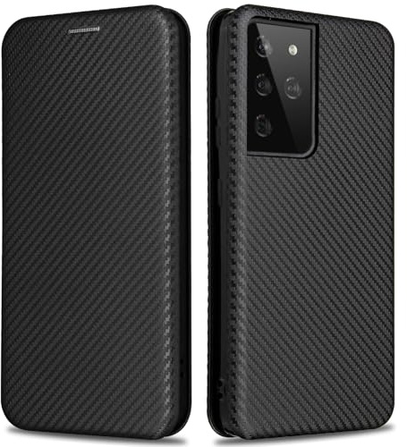 KOGENG Handyhülle für Samsung Galaxy S21 Ultra Hülle mit Wallet Kartenfach RFID-Blockierung, Carbon Fiber Textur Magnetisch Klapphülle Schutzhülle für Samsung S21 Ultra 5G Case Cover (Schwarz)