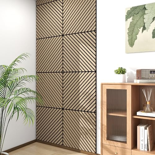 NEU.HOLZ Akustik Wandpaneele Vang 16er Set Wandverkleidung zum Kleben und Schrauben 5,76 m² Holzfurnier 3D Paneele diagonale Lamellen in Walnussoptik, hell