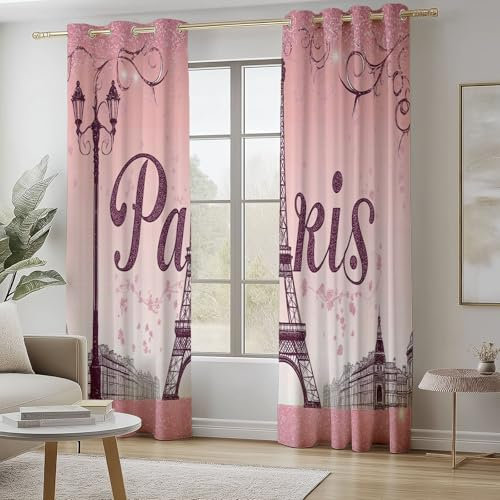 Blickdichte Gardinen Pariser Architektur Romantisch Bedruckte Verdunkelungsvorhänge mit Ösen, H 245 x B 150 cm (2er Pack) Polyester Geräuschreduzierung Vorhang für Wohnzimmer Büro Schlafzimmer, Rosa