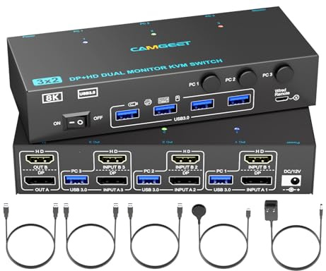 HDMI Displayport KVM Switch 3 PC 2 Monitore 4K@144Hz, Dual Monitor KVM Switches für 3 Computers teilen 2 Monitors und 4 USB 3.0 Ports, HDMI DP KVM mit Desktop Controller, 12V Netzteil und USB -Kabel