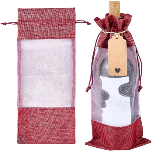 Beebeecraft 2Pcs 14.5x6.5 Inch Burlap Wine Bags with Tag Red Visible Window Sleeves Drawstring Wine Bottle Gift Jute Pouches for Champagne Whiskey Wedding Party