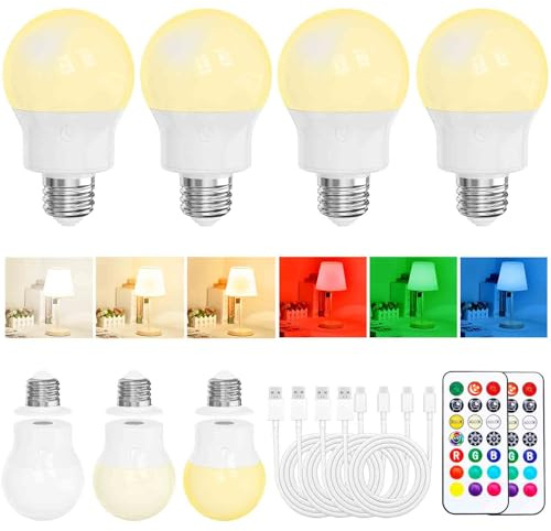 Lampadina LED Ricaricabile E27 con Telecomando, Dimmerabile, Magnetica, Batteria Integrata, 3 Temperature Colore + 9 RGB, 480LM, 3 Timer, per Lampade Senza Corrente, Campeggio & Emergenza 4 Pack