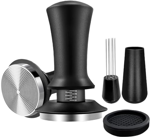 Kaffee Tamper 58mm, 4-teiliges Espresso Tamper mit 2-Feder-Auto-Rebound & Skaleneinstellung, Ripple Base Edelstahl Kaffeestampfer, Tamper mit Holzgriff Barista Tamper-Set für Cafes und Kaffeeliebhaber
