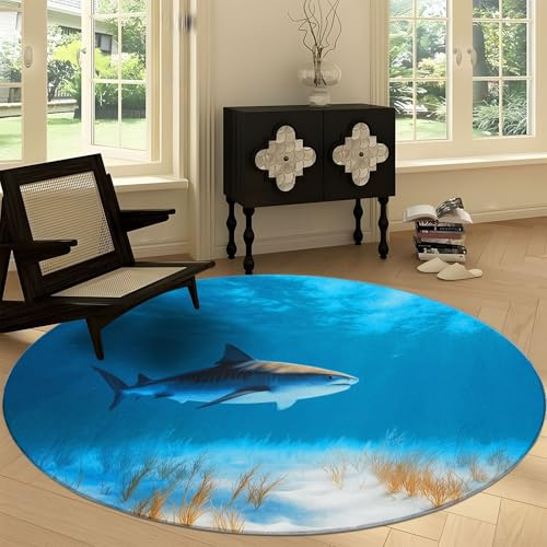 Generisch Runder Rutschfester Teppich 60 cm, Strand Tiere Hai Waschbarer Runder Teppich - Unterwasserlandschaft Weicher Läufer für Küche Waschraum Wohnzimmer Esszimmer