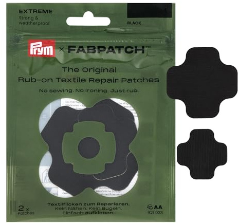Prym 921023 FabPatch EXTREME Rub-on Patch Schwarz (2 Stück) – Wasserfeste & extra robuste Reparaturflicken für Outdoorjacken, Regenbekleidung, Taschen & Schuhe – Selbstklebend ohne Nähen