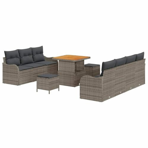 Foknhdi Salon de jardin 10 pièces - Gris - 165 x 80 cm - En polyrotin - Avec espace de rangement - Pieds en bois d'acacia - Robuste - Pour extérieur, balcon, terrasse - Meubles de jardin pour petits