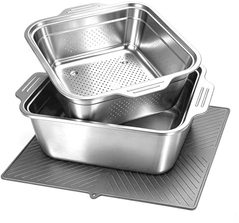 LINMAGCO 2 PCS Washing Up Bowl Strainer Bowl Set 10 Litre with Handle Stainless Steel with Cushion Dish Tub with Colander Washing-up Bowl, Fruit Vegetable Washing Basin for Sink for Kitchen Home 32cm