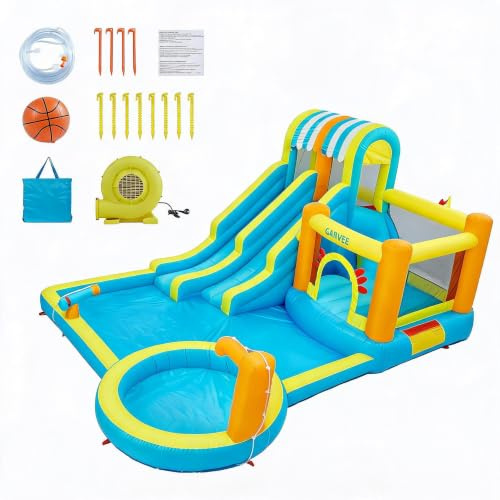 Cachpib Inflatable Bouncy Castle Water Park with Dual Racing Slides Sprayer Climbing Wall & Splashing Pool, Includes Air Blower, Outdoor Indoor Bounce House for Kids Toddlers, 4.8x3.8x2.4m