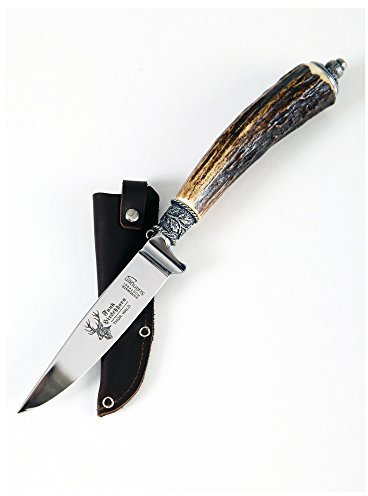 Almbock Trachtenmesser Hirschhorn mit Schnupftabakbehälter - Griff aus original Hirschhorn mit Zierkappe aus echtem Leder, antik, Trachten Zubehör Jagdmesser