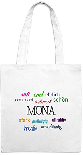 Jutebeutel mit Namen Mona - Motiv Positive Eigenschaften - Farbe weiß – Stoffbeutel, Jutesack, Hipster, Beutel