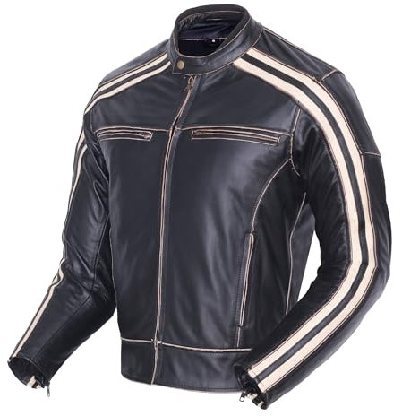 Bikers Gear UK-Giacca stile Retro Racer Bonnie caffè 100% cuoio, colore nero e bianco sulle maniche nero/bianco L