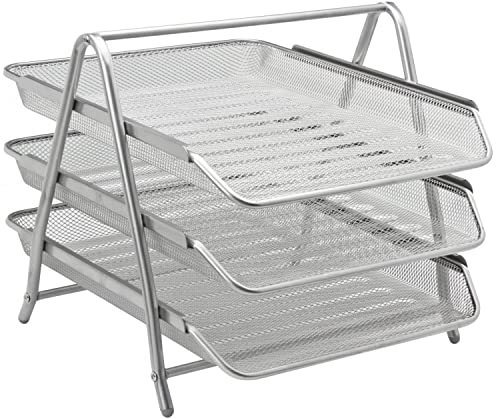 Shine 3 Tier Executive Mesh filing Trays Silver Color No risers required 218L x 357W 335H MM for Office Home School