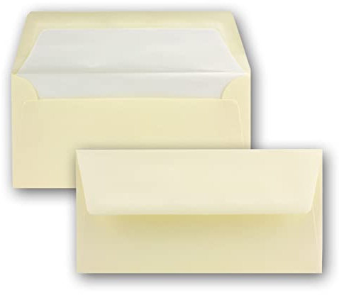 100x Briefumschläge in Ivory (Creme) - DIN Lang - 22 x 11 cm - mit gehämmerter Oberfläche - gefüttert mit weißem Seidenpapier - Nassklebung, gerade Klappe - ideal für Geburtstag und Hochzeit