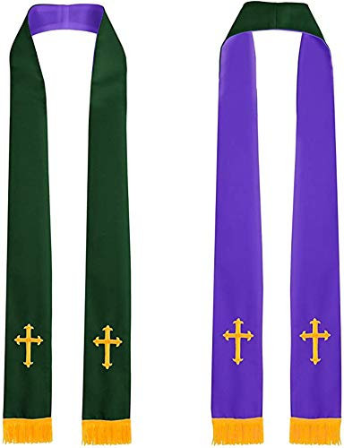 GraduatePro Klerus Stola Reversible mit Corss Figur Stickerei Quasten 229cm Unisex Chor Priester Wald Violett