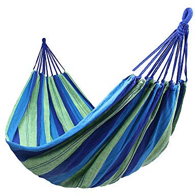 Hamacas Colgantes Jardin Exterior Algodon Lona Hamaca Portátil al Aire Libre Acampada Viaje para una Persona Carga de 150 kg Colorido (1 Persona, Azul)