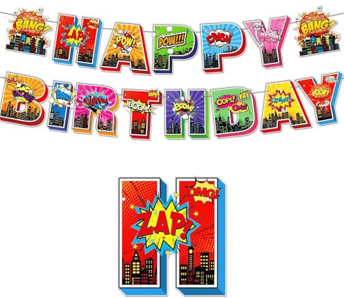 Feliz Cumpleaños Bandera,Banner de Fiesta Superhéroe Letrero de Puerta para Decoraciones de Suministros para Fiestas