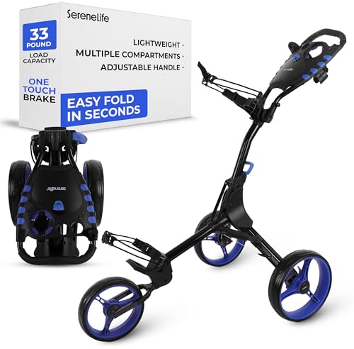 SereneLife Golf Push Cart 3 Wheel, Ultra Lightweight Aluminum Foldable Cart with Adjustable Handle, Quick-Fold, New-Version Scorecard, Phone/Cup/Umbrella Holders, Cooler Storage