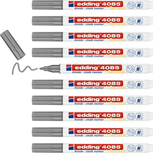 edding 4085 marcador de tiza - plata - 10 rotuladores de tiza - punta redonda 1-2 mm - rotuladores para cristal borrables - para pizarras, vidrio y espejos - tiza líquida de cobertura opaca