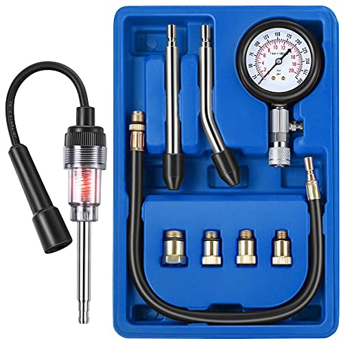 Fiada 9 Pieces Automotive Compression Tester Kit and Spark Plug Tester, Universal Car and Motorcycle Engine Testing Tools for Cylinder Pressure Gauge (Blue)