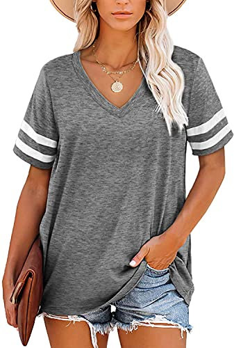 JOCAFIYE Damen Sommer Tops Kurzarm V-Ausschnitt T-Shirts Casual Loose Bluse Solide Tunika Top (S-XXL)