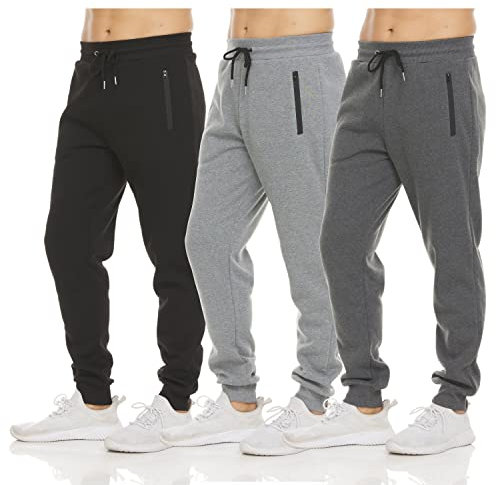 PURE CHAMP Mens 3 Pack Fleece Active Athletic Workout Jogger Sweatpants for Men with Zipper Pocket and Drawstring Size S-3XL, Set 1, X-Large