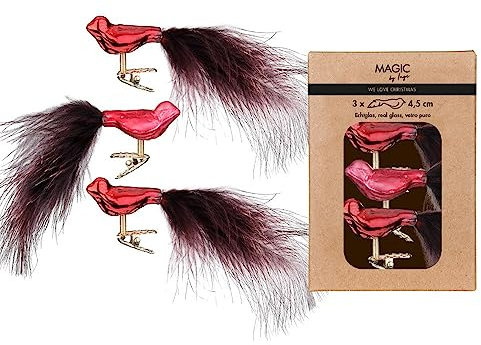 Christbaumschmuck Glas 4.5cm x 3 Stück Vögel auf Clip in Kartonbox dunkelrot Bordeaux Mix Chianti