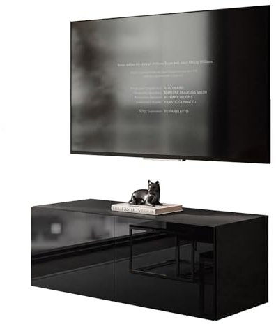lukmebel Colgante Support TV Double avec mécanisme Push to Open Mural Lisse et Minimaliste en Plaque laminée 40 x 100 x 36 cm Noir/Noir Brillant