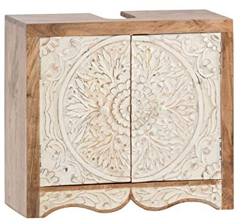 Woodkings Waschbeckenunterschrank Delhi I 67 cm breit | Badschrank aus Mangoholz | Rustikal & Modern | Waschtischunterschrank für Aufsatzwaschbecken mit Siphonausschnitt