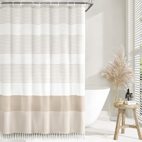 Awellife Boho Duschvorhang für Badezimmer, extra lang, Baumwolle, gestreift, Quaste, Duschvorhang, 183 x 244 cm, natürliche Textur