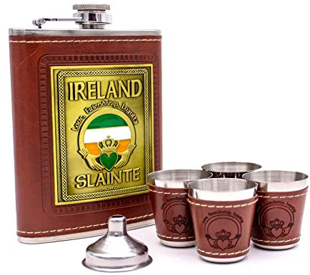 Irish Flask Set - Stainless Steel Flask with Four Shot Glasses, Funnel, and Gift Box - Liquor Flask for Men, Stainless Steel Hip Flasks for Liquor, Alcohol, and Whiskey (Irish Gifts for Men)