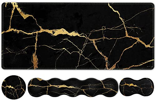 HAOCOO Keyboard Mouse Pad Set, Large Gaming Mouse Pad + Keyboard Wrist Rest + Mouse Pad with Wrist Support + Coaster, Easy Typing Pain Relief, 35.4x15.7in Desk Mat for Home Office, Black Gold Marble