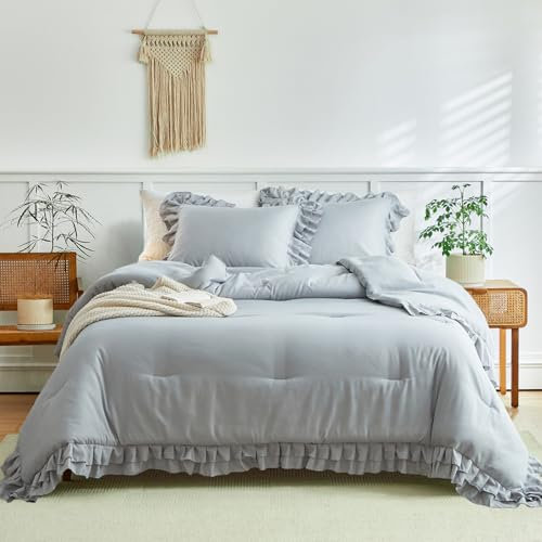 Graues Rüschen-Bettwäsche-Set, Queen-Size-Größe, 3-teilig (1 gerüschtes Bettwäsche-Set und 2 Kissenbezüge), Bauernhaus, flauschig, Bettwäsche-Sets für alle Jahreszeiten