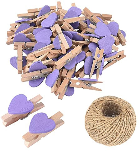 Lot de 25 mini pinces à linge en bois en forme de cœur avec cœur, 3 cm, petites épingles à linge avec ficelle pour affichage de photos, bricolage, décoration de mariage et de fête prénatale Violet