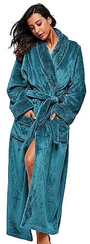 BELLOO Ladies Velvet Fleece Dressing Gown Flannel Bathrobe Full Length, Teal Blue XL
