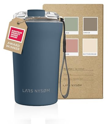 LARS NYSØM Mug Isotherme Cafe to-go avec sangle et couvercle en tritan 380ml | Tasse de voyage 0.38 litre avec isolation | Tasse thermique étanche en acier inoxydable (Stone Blue, 380ml)