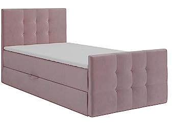 KEF Paris Mini Boxspringbett 90x200 cm - Bett mit Matratze und Topper - mit Bettkasten - Polsterbett mit Kopfstütze - Bonell-Matratze H3 - Rosa Tiffany