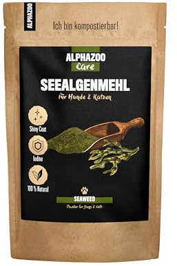 alphazoo Seealgenmehl Hund & Katze 250g I Seealgen-Pulver Kelpalgen für Zähne, Barf, Schilddrüse & Pigmentierung I Jod-Pulver gegen Zahnstein & Schilddrüsenunterfunktion I Ascophyllum Nodosum