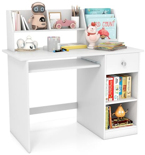 Maxmass Wooden Kids Desk, Children Study Table with Keyboard Tray, Open Shelves, Tabletop Bookshelf, Drawer, School Students Computer Workstation for Learning, Reading (White)
