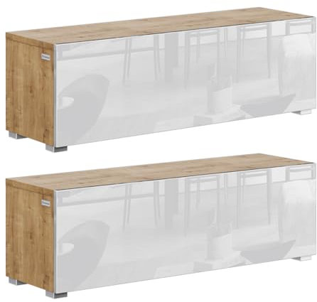 PLATAN ROOM Wandregal 105 cm breit hängende Nachtkommode Wandboard Nachttisch 2er Set Schweberegal Hängeregal Matt oder Hochglanz (2er Set, Eiche/Weiß Hochglanz)