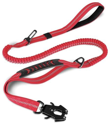Joytale Taktische Hundeleine, 1.2m-1.8m Bungee Hundeleine mit 2 Gepolsterten Griffen, Autosicherheitsgurt, Starke Hundeleine ohne Zugkraft für Mittelgroße, Große, X-Große Hunde, Rot