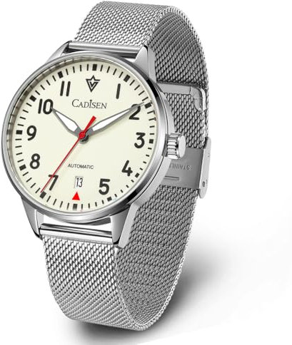 CADISEN Neue Pilot Mechanische Herrenuhr, All Night Glow Zifferblatt Japanisches NH35 Uhrwerk, Lässige wasserdichte Uhr, Silber, Weiß, Classic