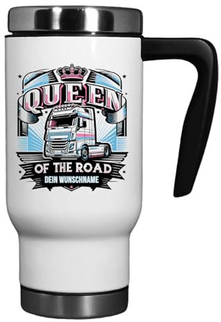 Fördeblau Personalisierter Thermo-Becher 'Queen of the Road', Edelstahl, 470ml – Isolierbecher für LKW-Fahrerinnen – Schönes Geschenk für Truckerinnen - Name individuell bis 16 Buchstaben wählbar