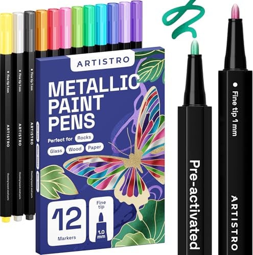 Artistro 12 Metallic Marker Stifte Metallischen Marker mit Feine Spitze, Metallic-Acrylfarbstifte, Acrylstifte verschiedene Oberflächen - Multimarker Acryl für Kinder & Erwachsene