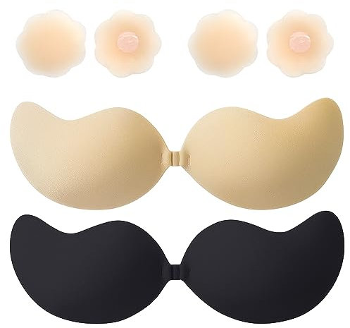 Kisvic Reggiseno adesivo push up, 2 pezzi reggiseno senza spalline senza spalline con 2 paia di cuscinetti per capezzoli, riutilizzabile in silicone invisibile per feste, matrimoni, nero+nudo, A