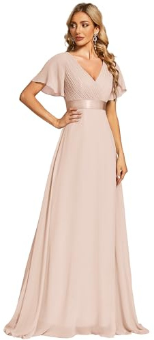 Ever-Pretty Women's Double V-Neck Short Flutter Sleeves Empire Waist Elegant Chiffon Long Evening Dresses Blush Pink 28UK