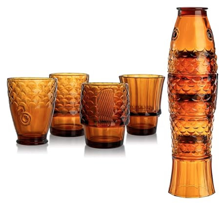 DDMDBYHRY Stapelbare altmodische Glasbecher, Fisch-Design, 4 Stück, Koi-Fisch, ästhetisches Tassen-Set, Bernsteingläser, 250 ml, 4 Stück