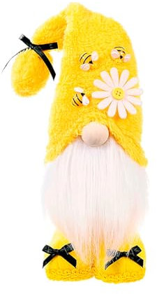 VIVIANYO HD 14inch Gnomes Plush Decorations with Bumble Bee & White Daisy Decorative Standing Summer Mr Gnomes Swedish Collectible Dwarf Figurine Table Shelf Tiered Tray Decorations (Yellow)
