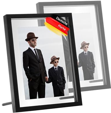 RAHMENWERK® 2er Set Doppelglas Bilderrahmen für Fotos 10x15 cm | 9x13 Holz Schwarz | Schwebend | Natur Holzbilderrahmen | Fotorahmen Picture Frame | Vintage | Collage